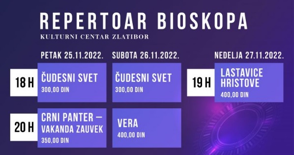 Културни центар Златибор - репертоар биоскопа од 25 до 27. новембра
